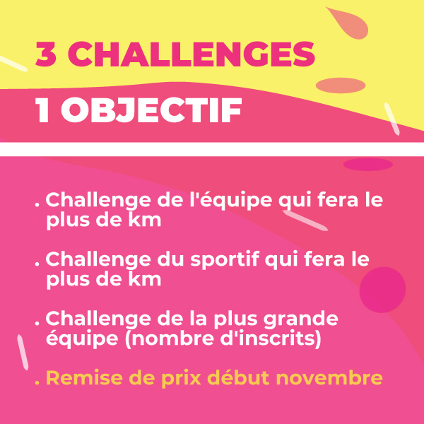 Nouvaut : 3 challenges => 1 objectif : Challenge de l'quipe qui fera le plus de km / Challenge du sportif qui fera le plus de km / Challenge de la plus grande quipe (nombre d'inscrits) / Remise de prix dbut novembre